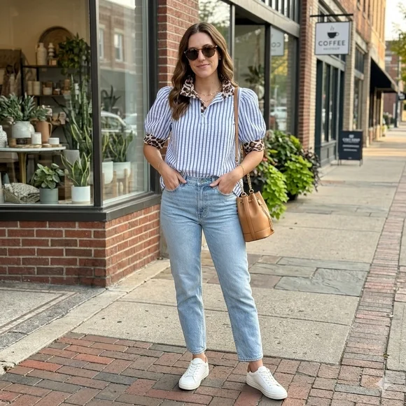 Entro Blue Striped Leopard Trim Puff Sleeve Seersucker Top - Picture 3 of 14